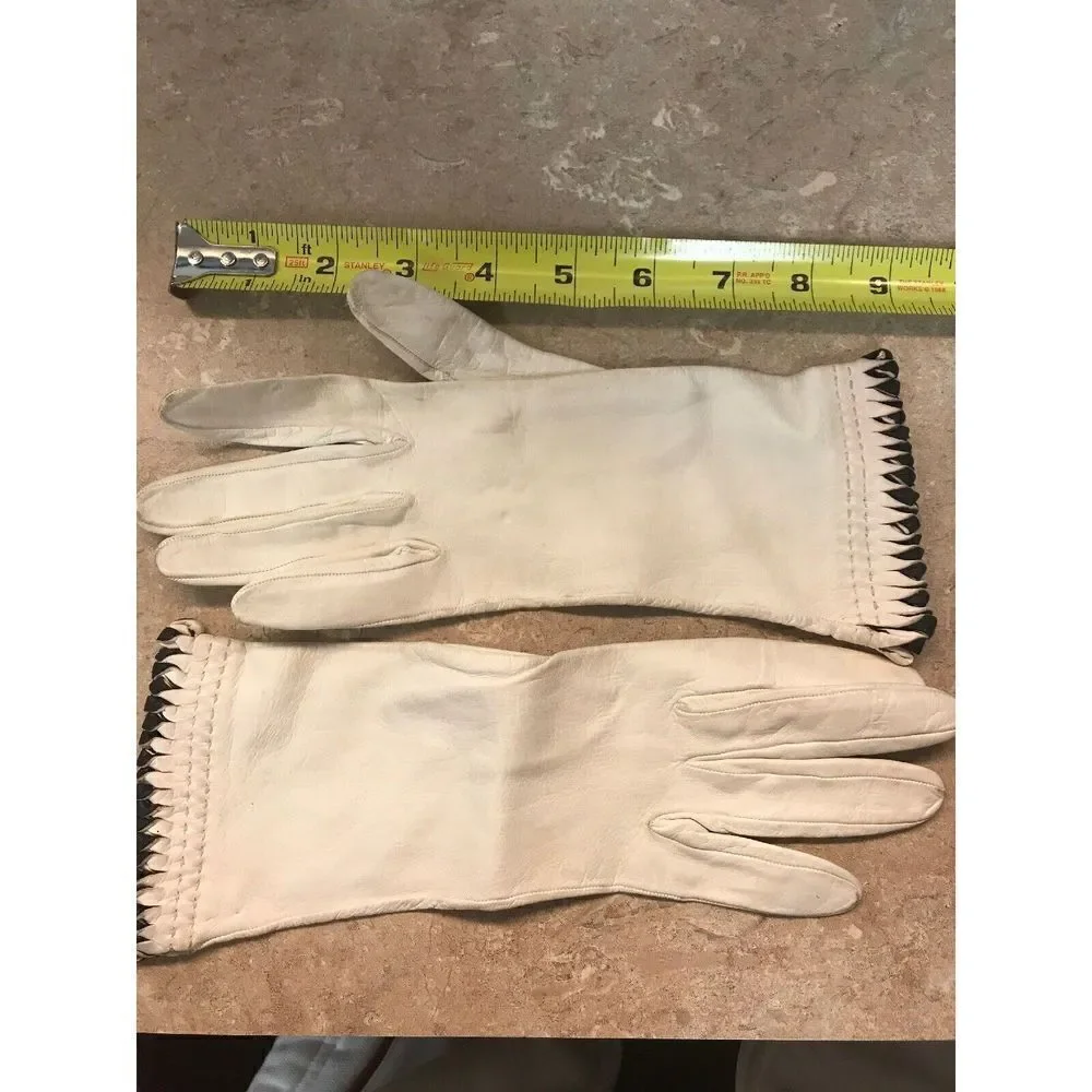 Leather Gloves women Size 6.5 Vintage 9”x3.5” White Black Pink Trim